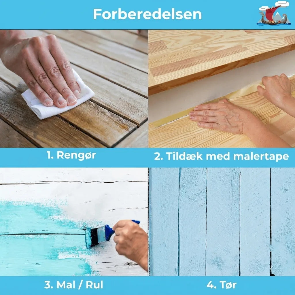 Trin-for-trin guide: rengøring, afdækning, maling og tørring af træflader i lyseblå farve.