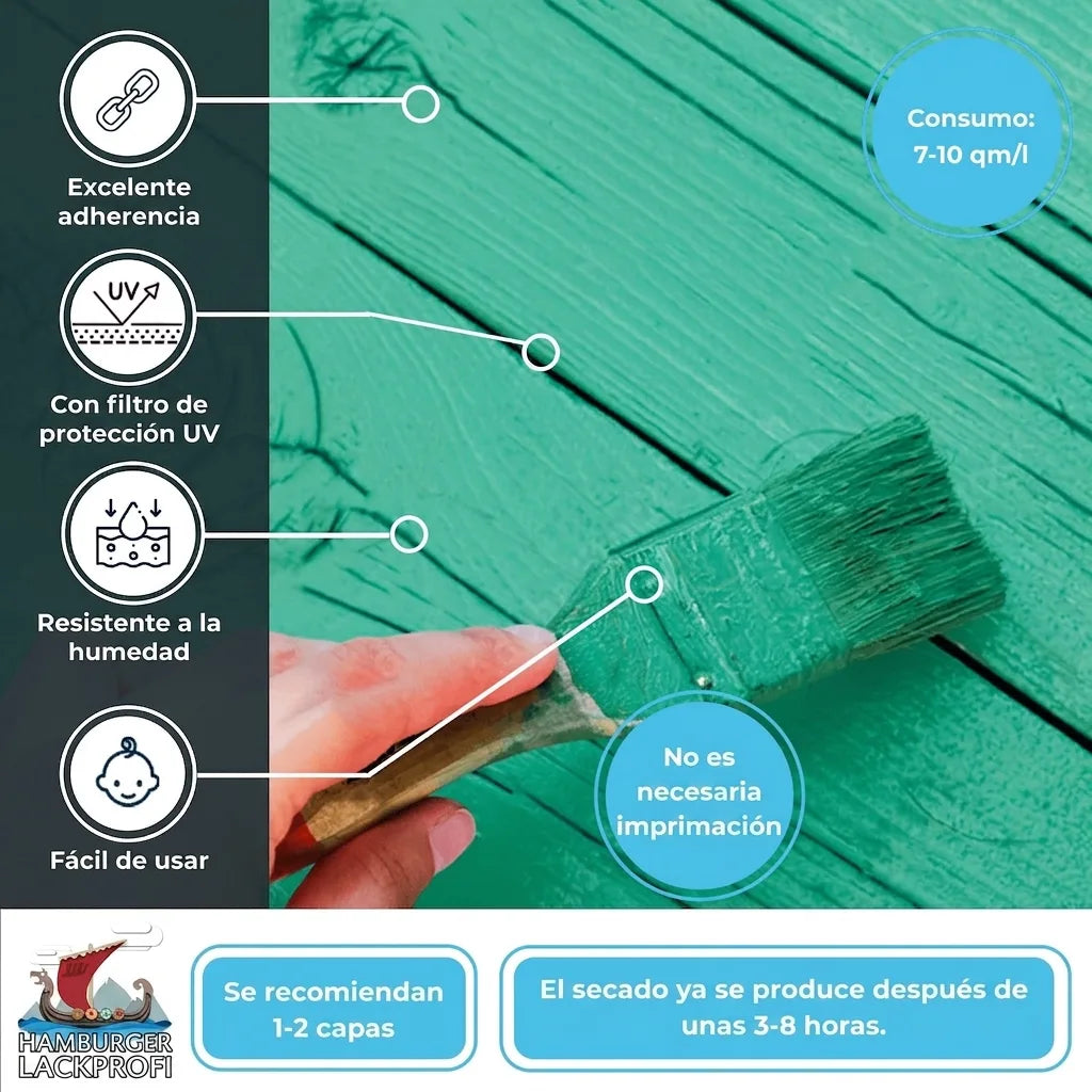 HALVAR pintura para madera con alta adherencia, protección UV, resistente a humedad y fácil aplicación sin imprimación.