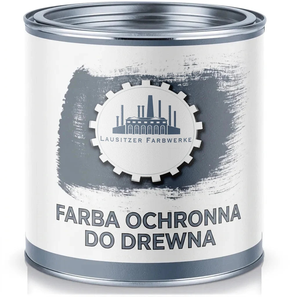 Puszka szarej farby ochronnej do drewna Lausitzer Farbwerke z logo fabryki na etykiecie.