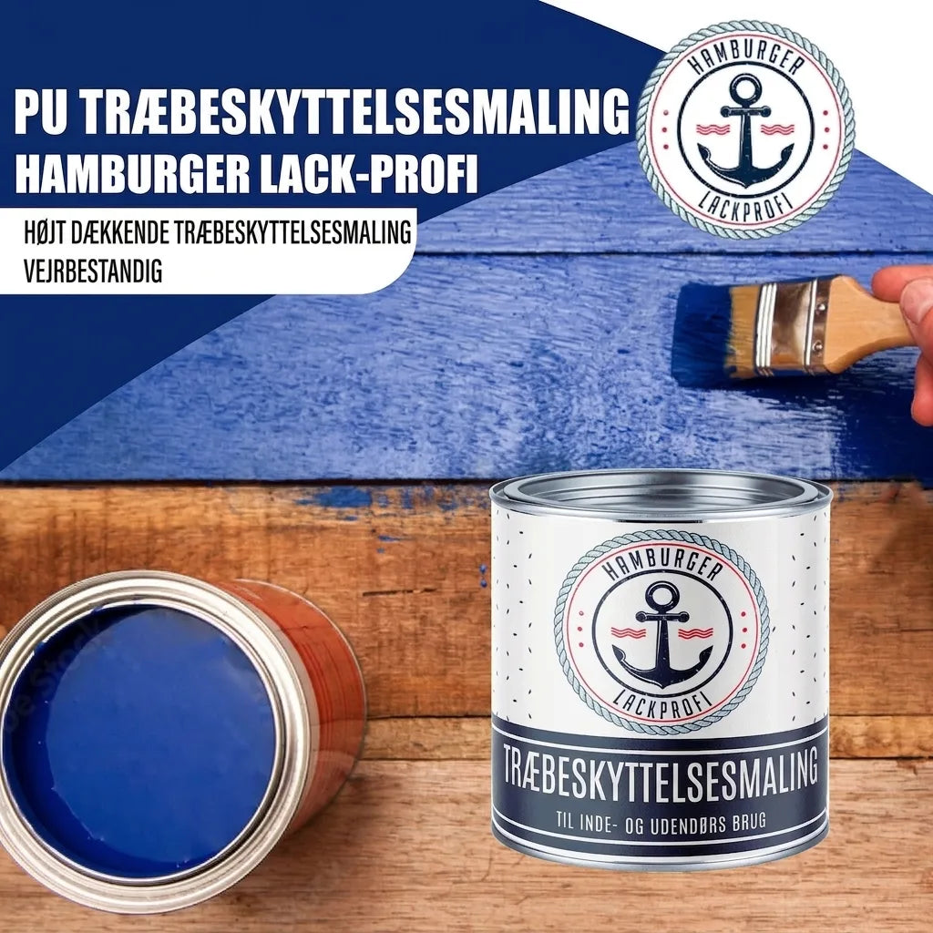Hamburger Lack-Profi træbeskyttelsesmaling i blå på træplanker. En person maler træet blåt.