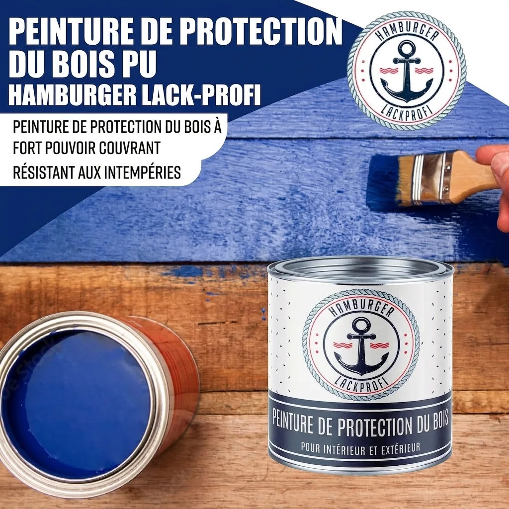 Peinture de protection bois bleu intense Hamburger Lack-Profi, application sur planches, résistance intempéries.