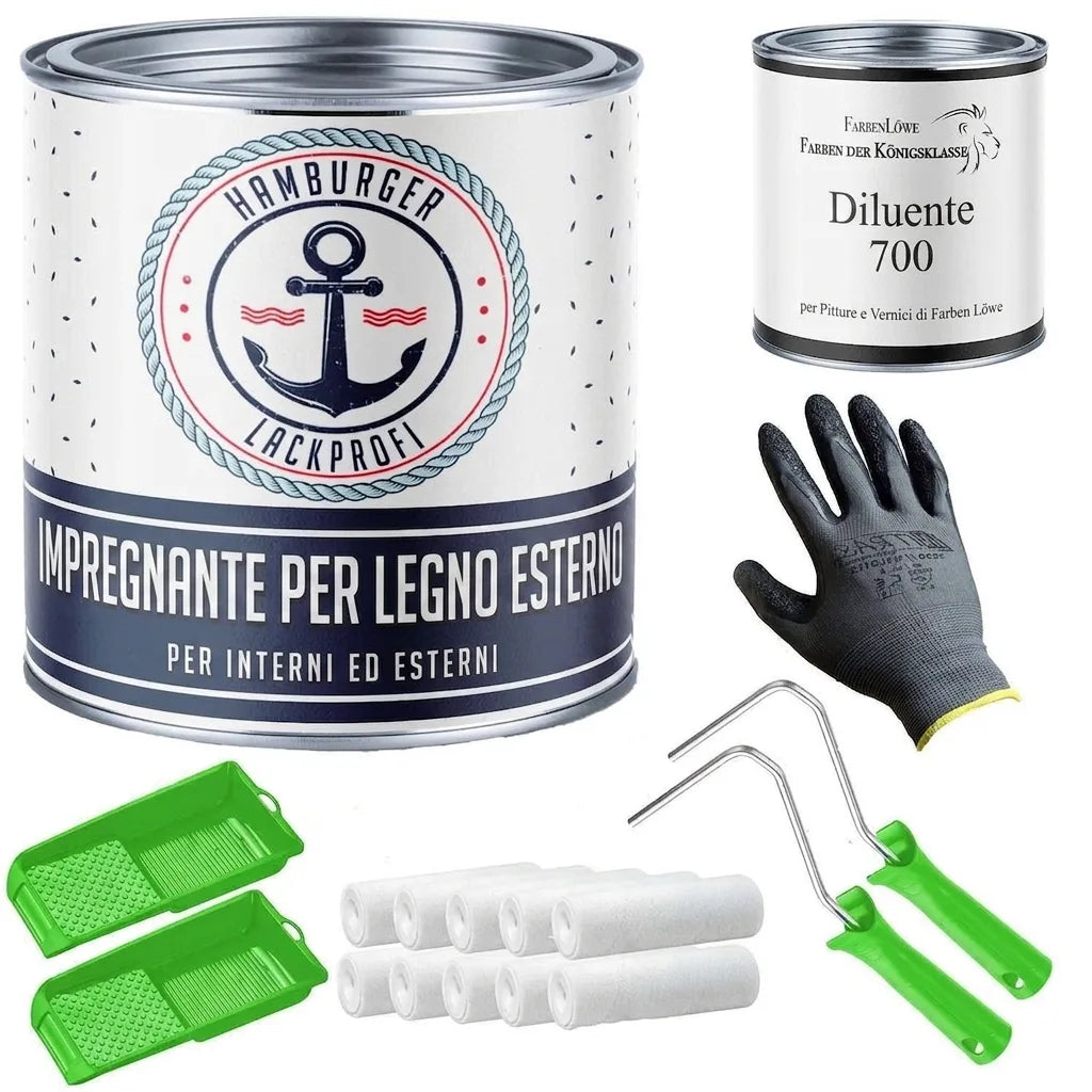 Kit pittura con vernice protettiva legno, diluente, guanti, rulli e vaschette verdi.
