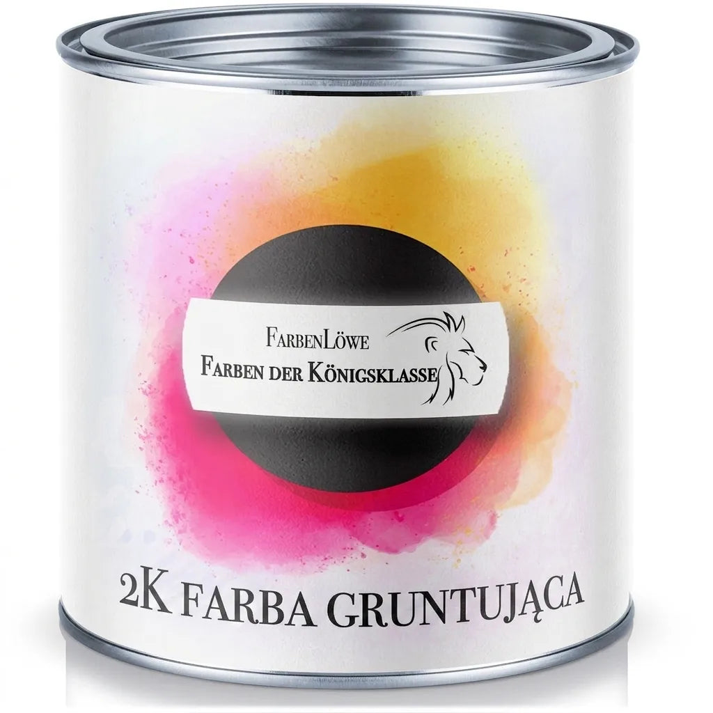 Biała puszka farby z etykietą 'FarbenLöwe Farben der Königsklasse 2K Grundierung' i kolorowym tłem.