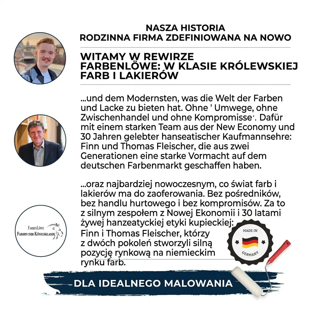 Historia rodzinnej firmy FarbenLöwe, farby i lakiery klasy królewskiej. Finn i Thomas Fleischer, Made in Germany.