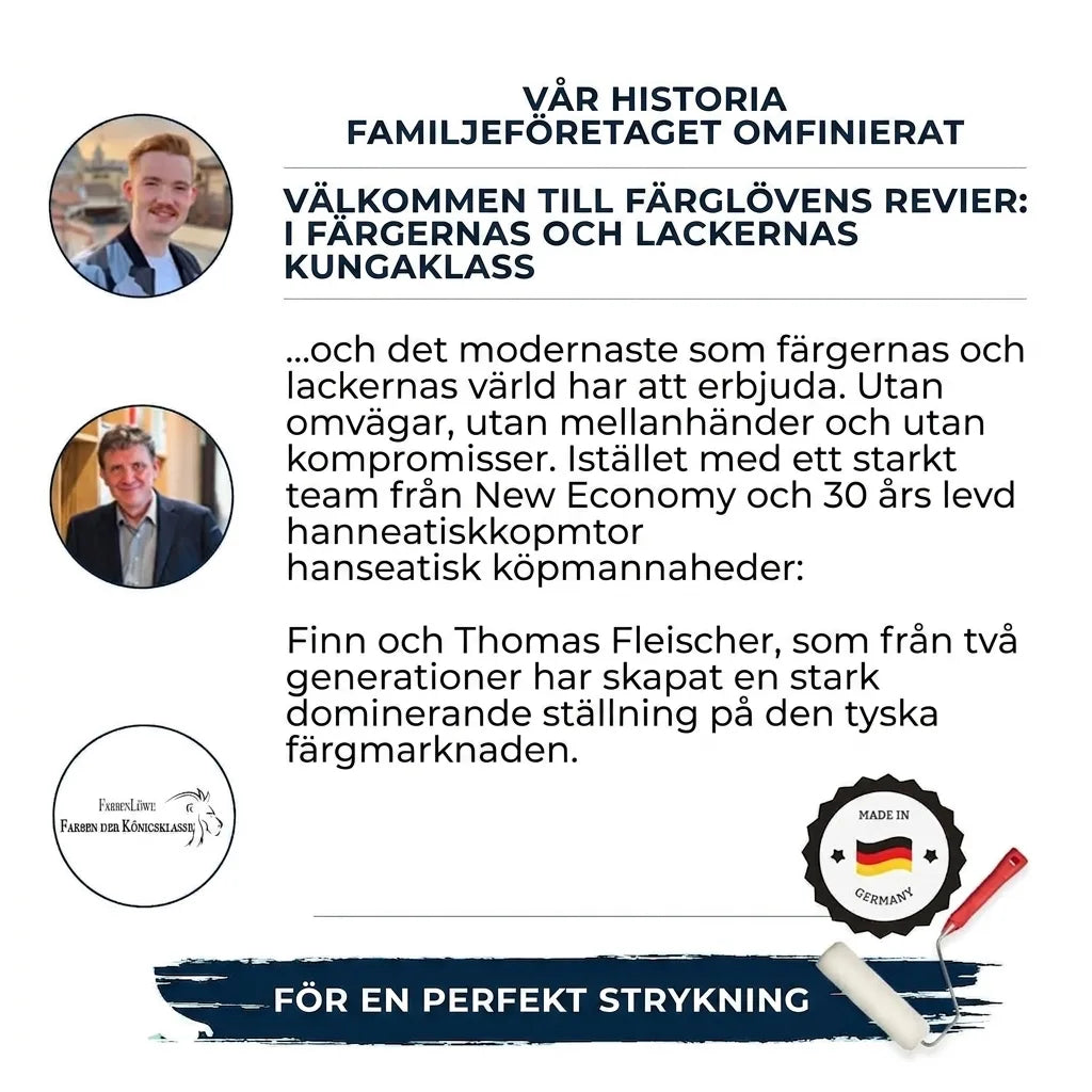 Bild med två män, Farbenlöwe-logotyp, målarverktyg och tysk text om familjeföretaget och färgprodukter.