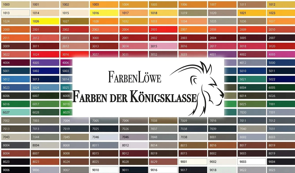 Farvekort med RAL-koder og farver. Inkluderer tysk branding 'FarbenLöwe' og slogan 'Farben der Königsklasse'.