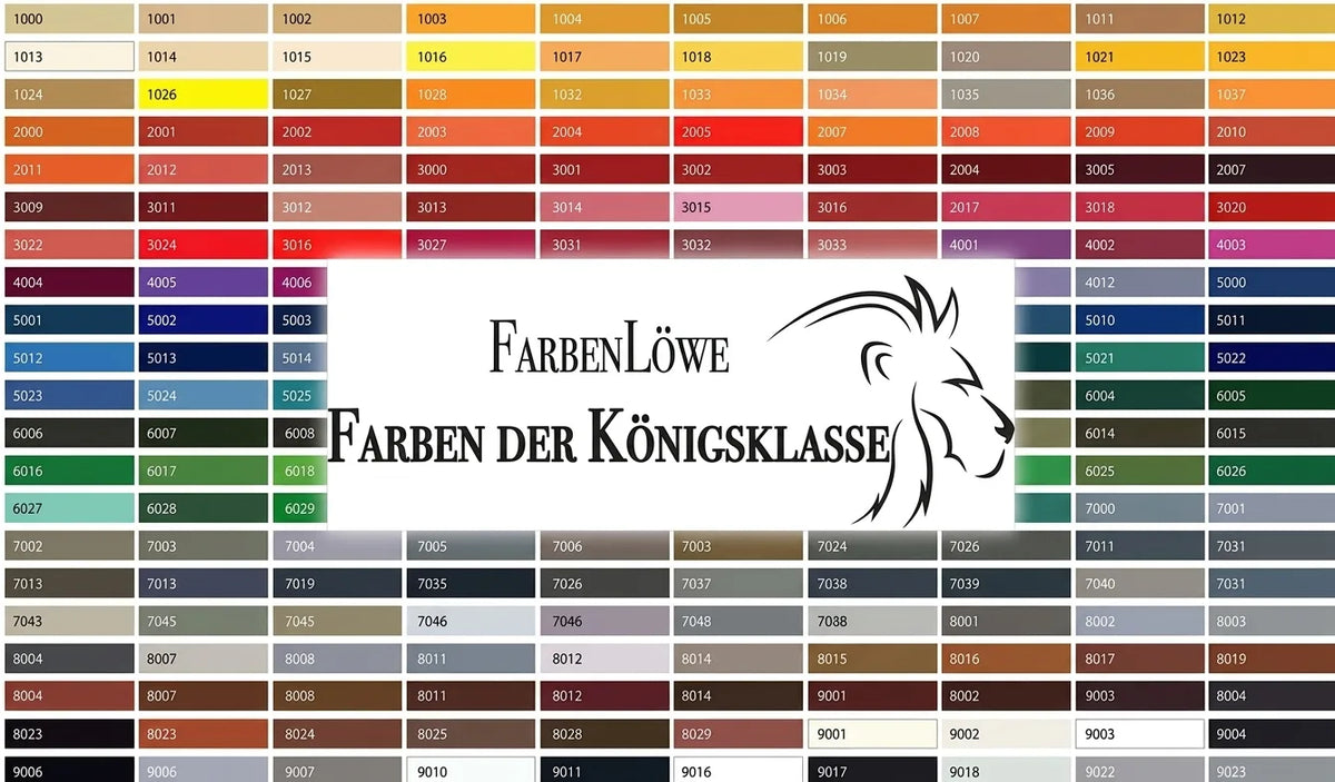 Tabella colori con codici numerici, logo FarbenLöwe (leone) e slogan 'Colori di classe premium'.