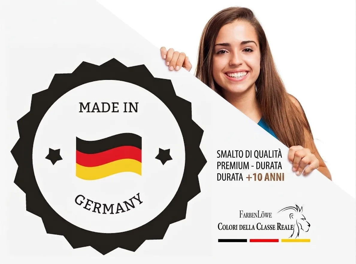Donna sorridente con badge "Made in Germany" e logo FarbenLöwe, colori della bandiera tedesca.