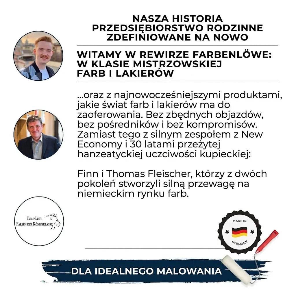 Plakat firmowy Farbenlöwe z założycielami, logo, tekstem o firmie rodzinnej, farbach i lakierach 'Made in Germany'.
