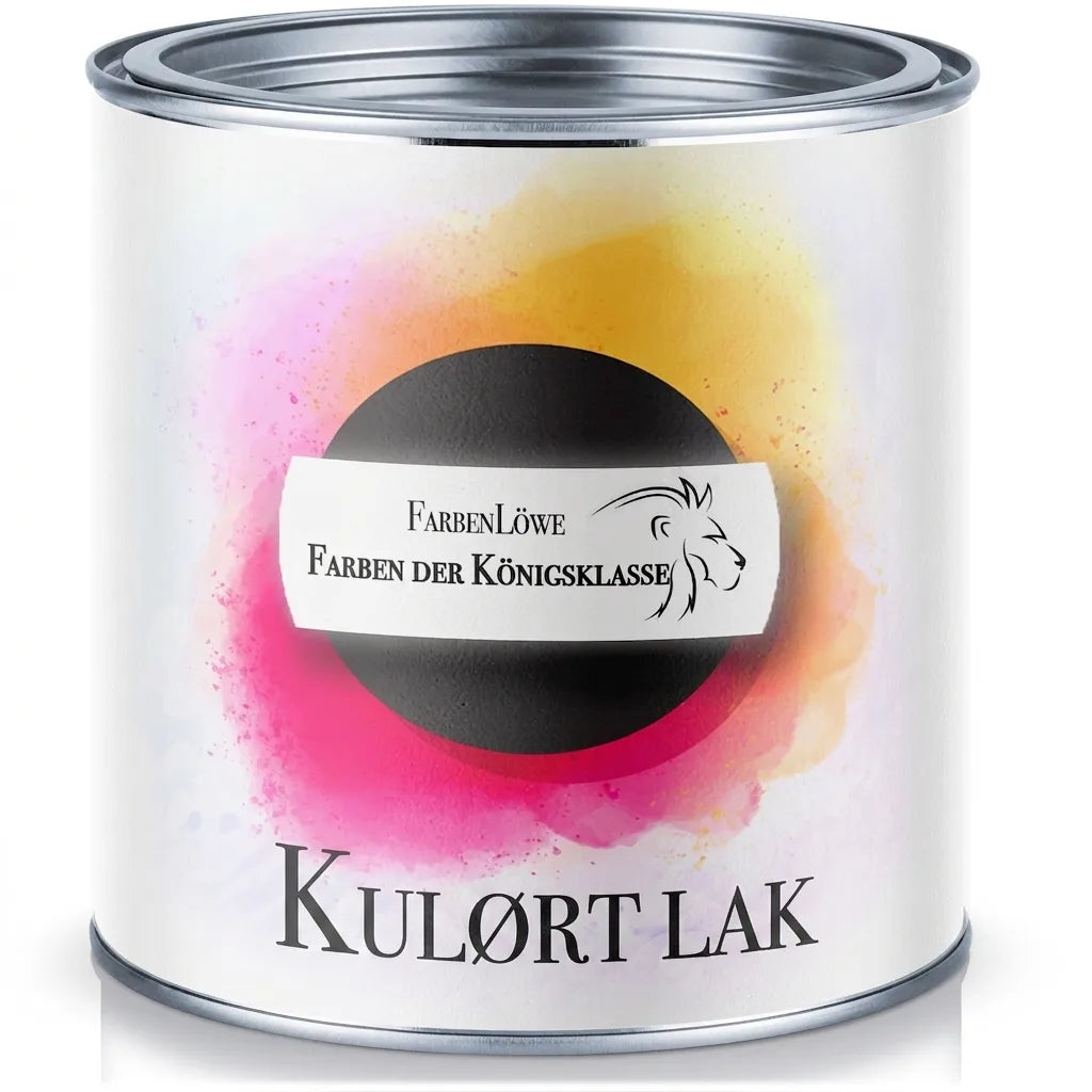 Dåse med FarbenLöwe Buntlack maling. Premium farvet lak med farverigt design.
