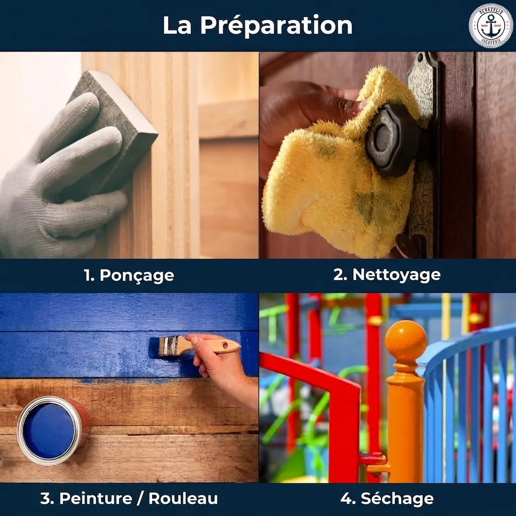 Étapes pour peindre : poncer, nettoyer, appliquer la peinture bleue sur bois, puis laisser sécher.