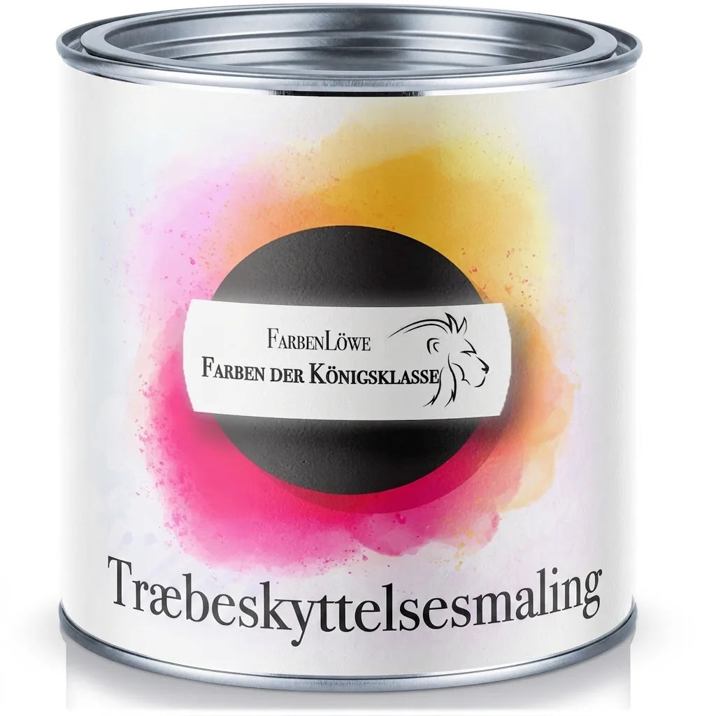 Dåse med FarbenLöwe træbeskyttelsesmaling, 'Farben der Königsklasse', med pink og gul farvetema.