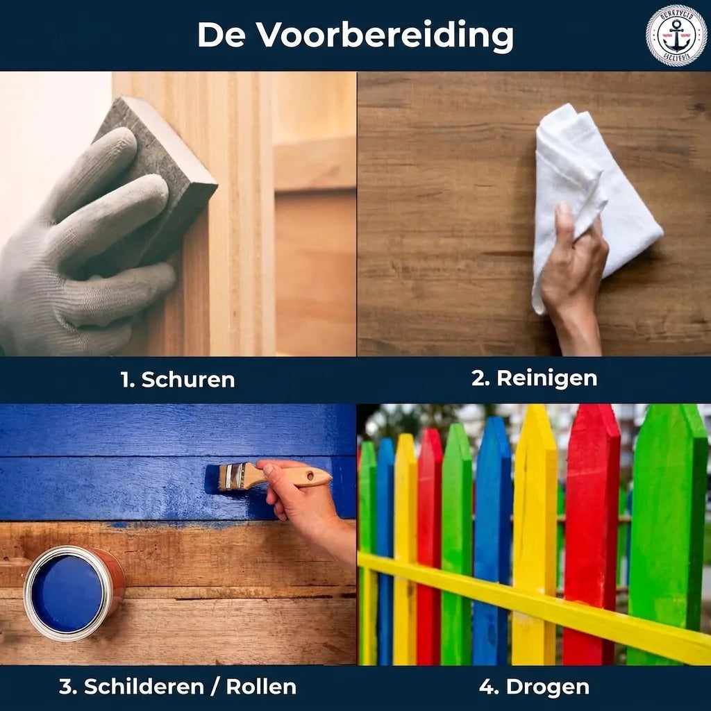 Stap-voor-stap handleiding voor houtschilderen: schuren, schoonmaken, schilderen, drogen.