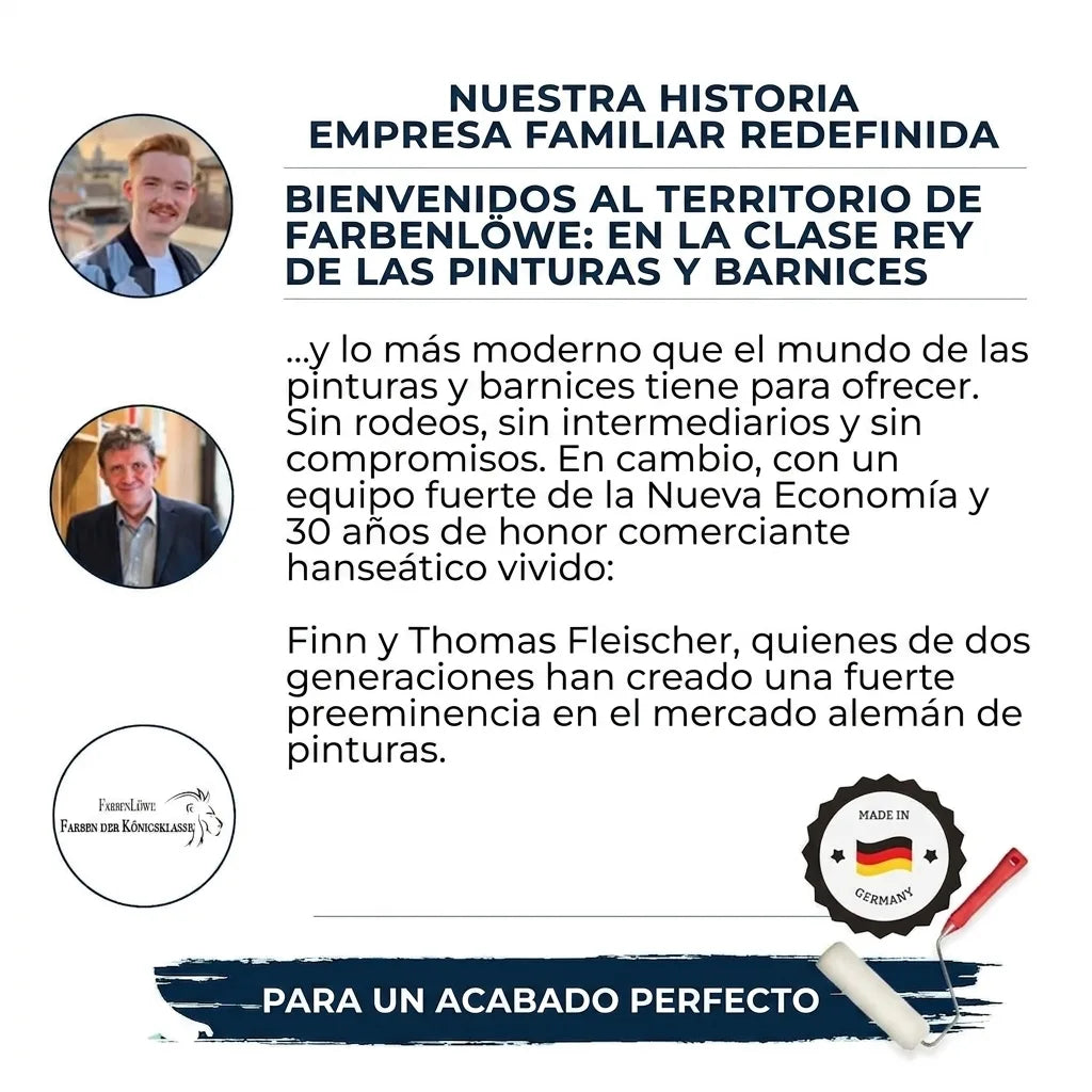 FarbenLöwe: Nuestra historia. Empresa familiar alemana de pinturas de clase real, con Finn y Thomas Fleischer.