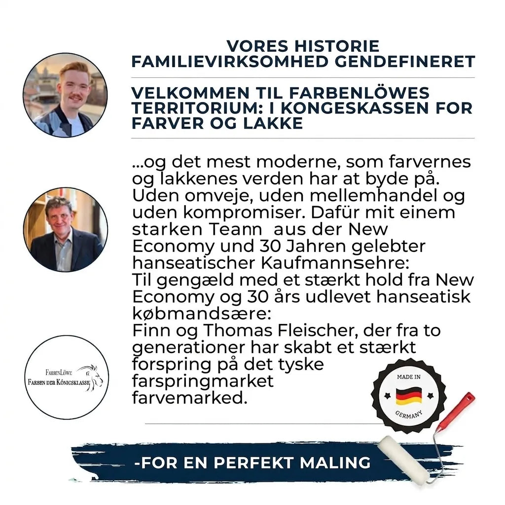 FarbenLöwe familievirksomhedshistorie med to generationer. Premium maling og lak, Made in Germany.