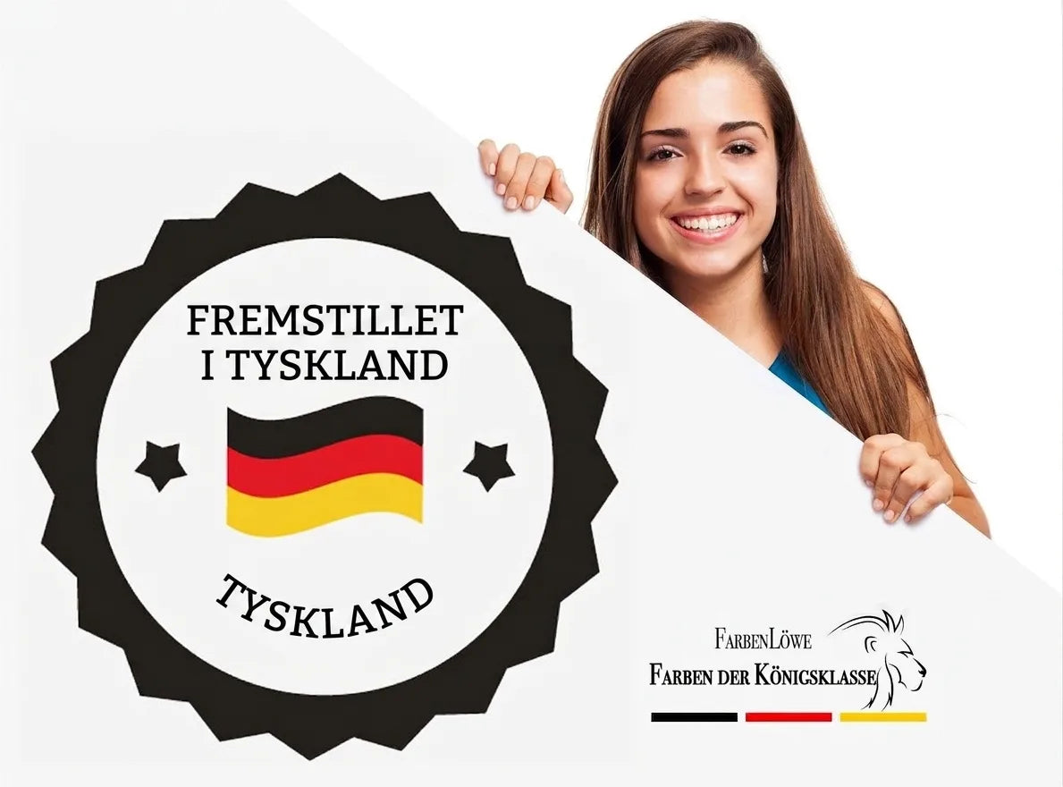Kvinde smiler med 'Made in Germany' badge og tysk FarbenLöwe 'Königsklasse' logo.