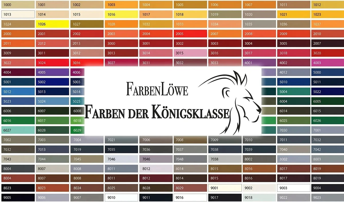 Nuancier de couleurs RAL avec codes et logo 'Farbenlöwe' (Lion des Couleurs) pour des teintes haut de gamme.