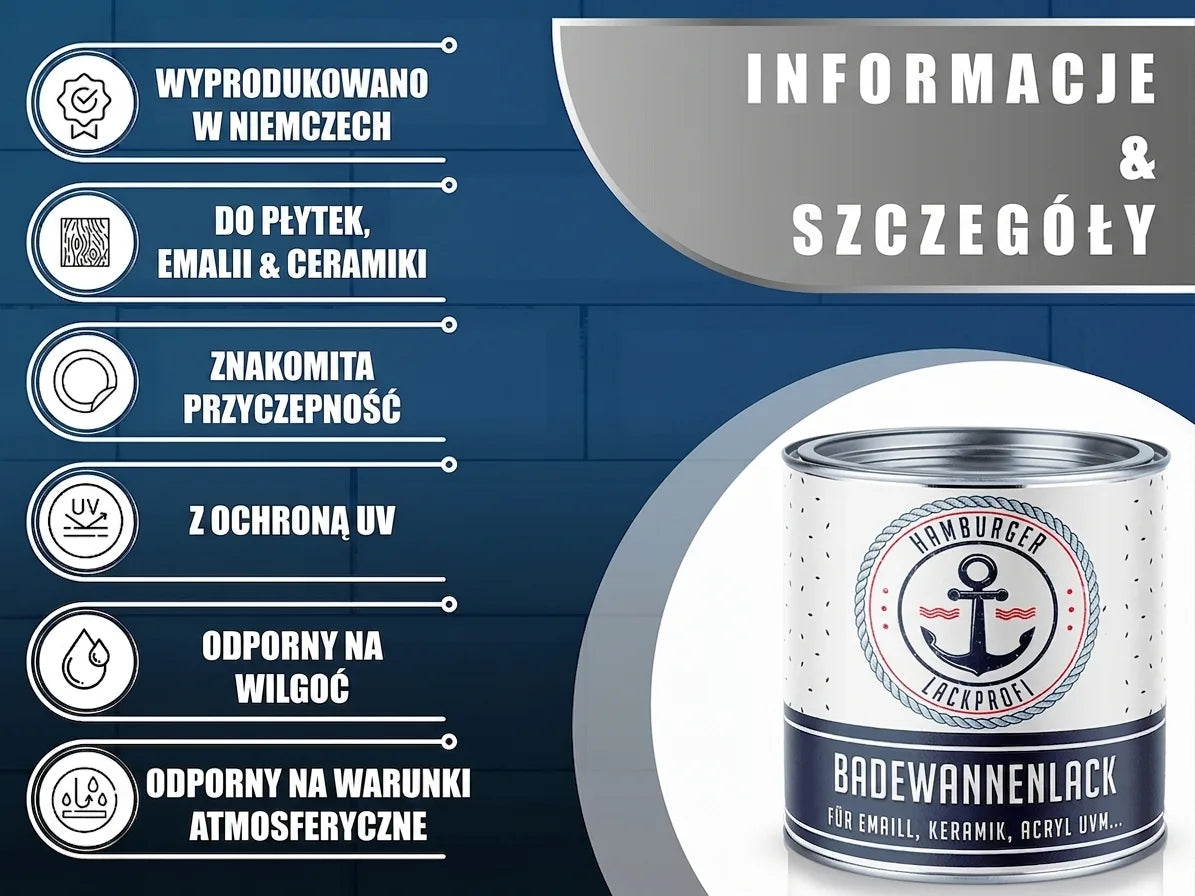 Niemiecka farba do wanien z listy cech: do płytek, emalii, ceramiki. Z UV, odporna na wilgoć i pogodę.