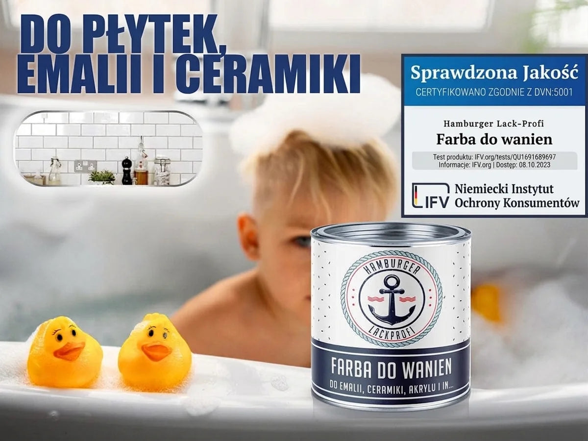 Lakier do wanien Hamburger Lack-Profi: do płytek, emalii i ceramiki. Sprawdzona jakość IFV. Dziecko w kąpieli.