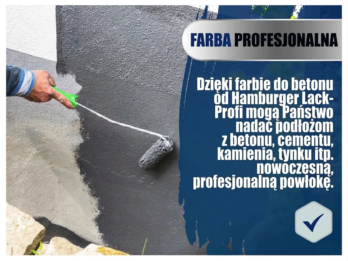 Osoba malująca ścianę szarą farbą, reklama profesjonalnej farby do betonu Hamburger Lack-Profi na beton, cement, kamień, tynk.