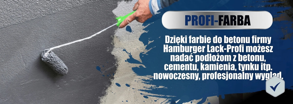 Malarz nakłada szarą farbę wałkiem. Reklama profesjonalnej farby do betonu Hamburger Lack-Profi na różne podłoża.