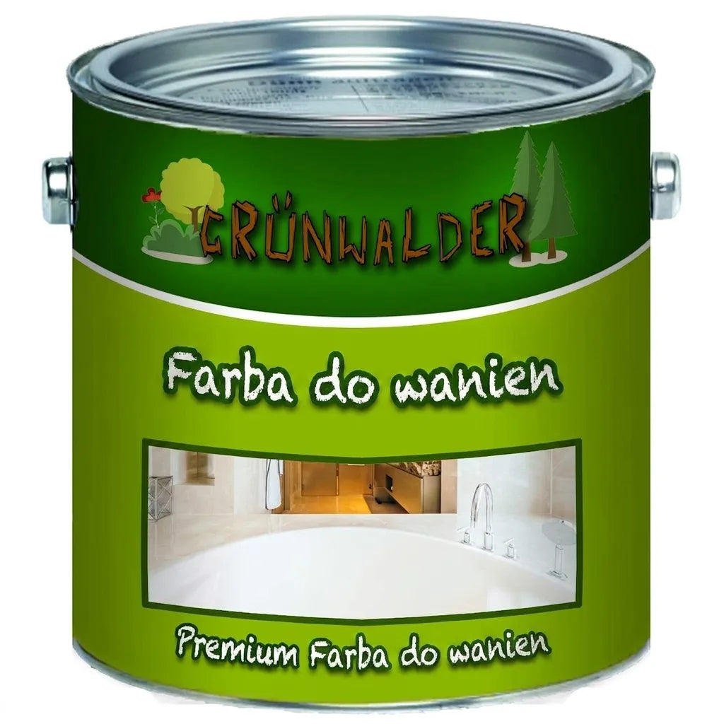 Zielona puszka lakieru do wanien Grünwalder Premium. Produkt do malowania i renowacji wanien kąpielowych.