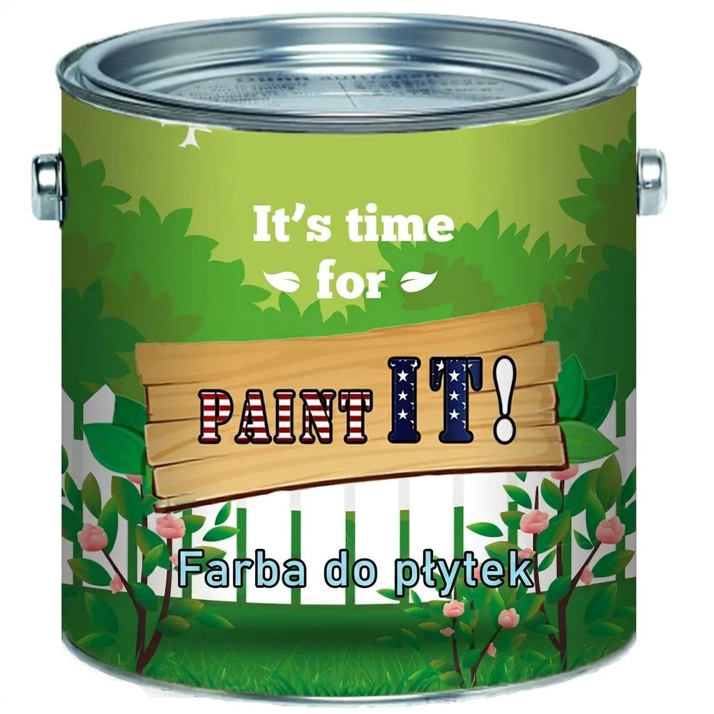 Puszka farby do płytek Fliesenlack, zielona etykieta z napisem 'It's time for PAINT IT!' i płotkiem.