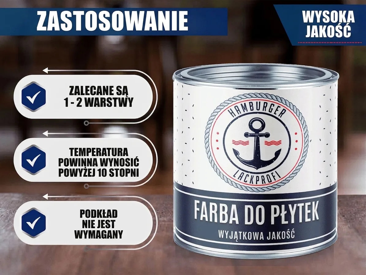 Puszka lakieru do płytek Hamburger Lackprofi z instrukcją użycia: 1-2 warstwy, temp. +10°C, bez podkładu. Wysoka jakość.