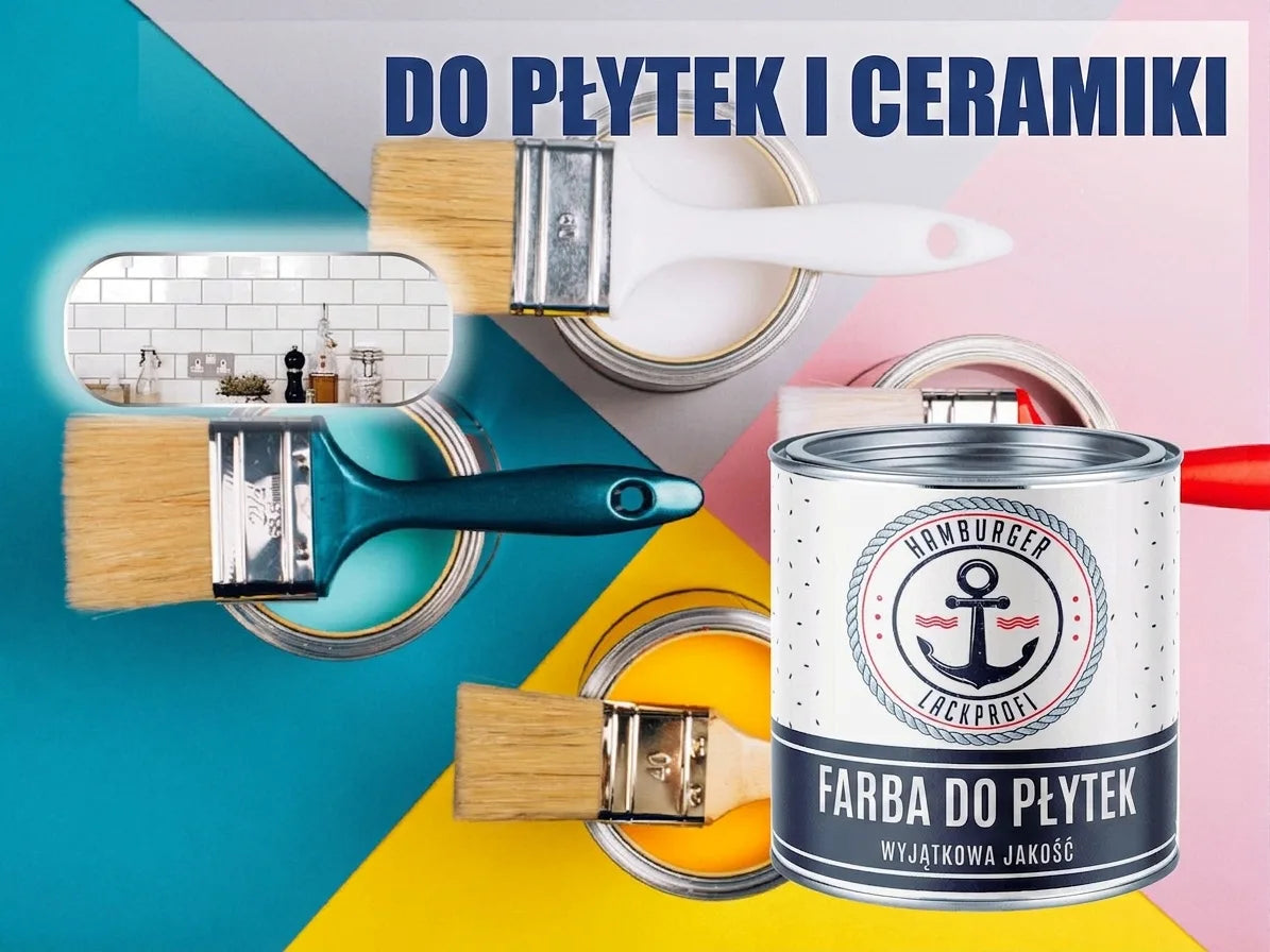 Farba do płytek ceramicznych i glazury. Puszki z farbą, pędzle i wzór białych płytek kuchennych.