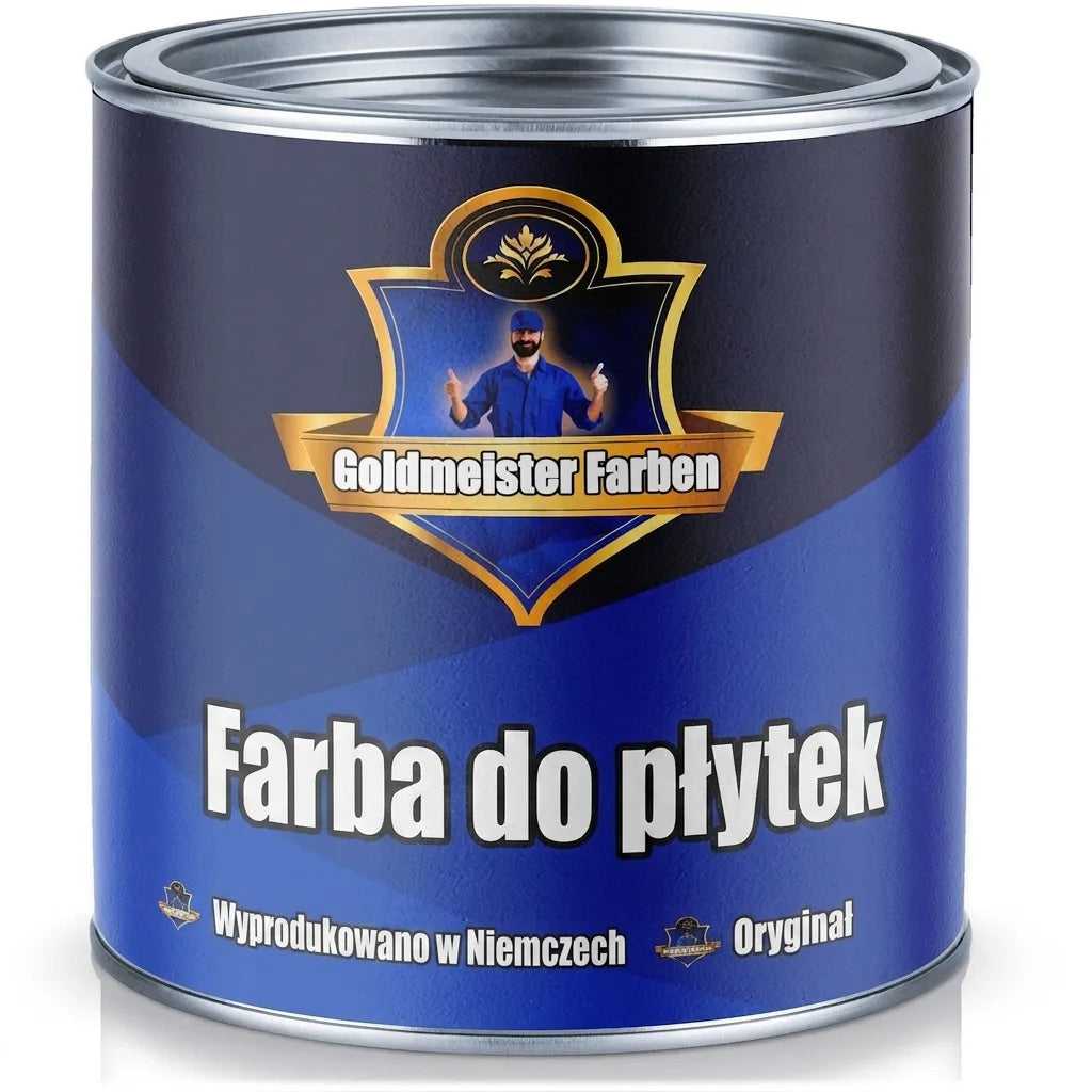 Niebieska puszka farby do płytek Goldmeister Farben, z napisem 'Fliesenlack' i 'Made in Germany'.