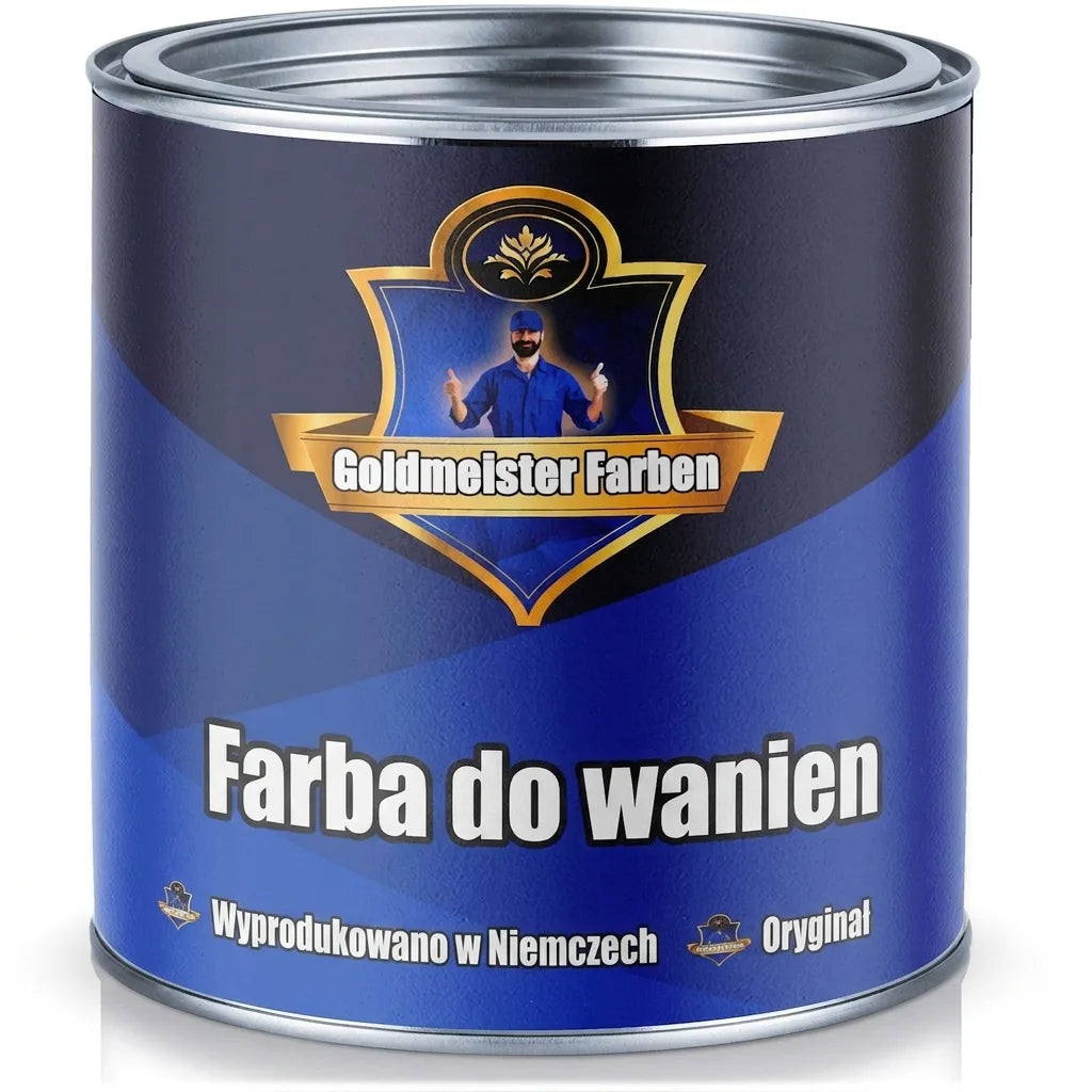 Puszka niebieskiej farby Goldmeister Farben Badewannenlack do wanien, z napisem Made in Germany.