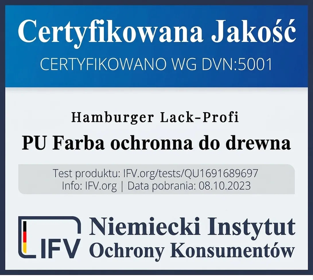 Certyfikat IFV dla farby ochronnej do drewna PU Hamburger Lack-Profi: Sprawdzona jakość, certyfikowano DVN:5001.