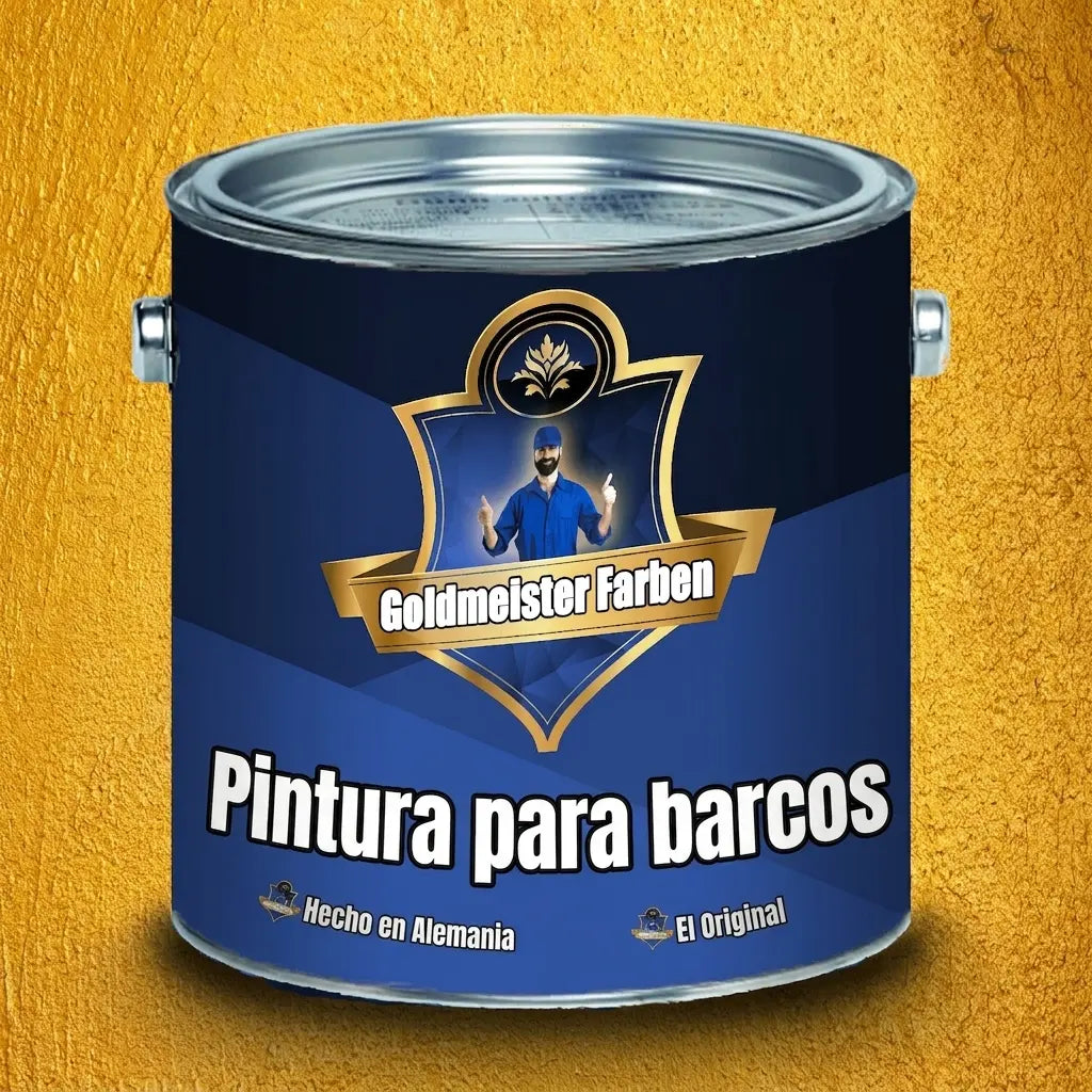 Lata de pintura azul oscuro Goldmeister Farben con la etiqueta 'Bootslack' (barniz para barcos) y 'Hecho en Alemania'.