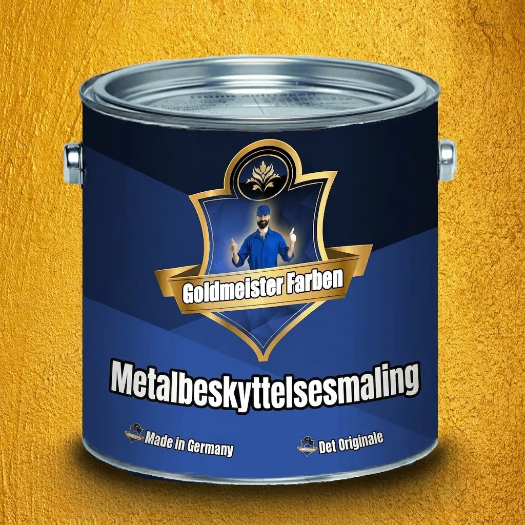 Blå Goldmeister Farben metalbeskyttelsesmaling dåse med gyldent logo og en mand der giver thumbs up. Made in Germany.