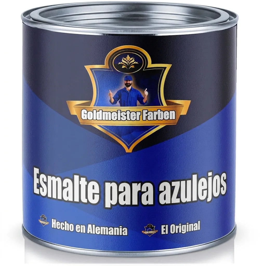 Lata de pintura azul Goldmeister Farben para azulejos, con etiqueta dorada y texto promocional.