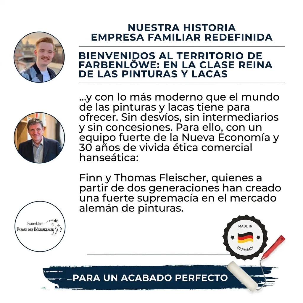 Dos hombres, logo y herramientas de pintura con texto sobre una empresa familiar de pinturas de alta calidad.