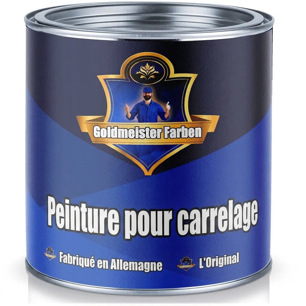 Pot de peinture bleu et or pour carrelage Goldmeister Farben, Made in Germany.
