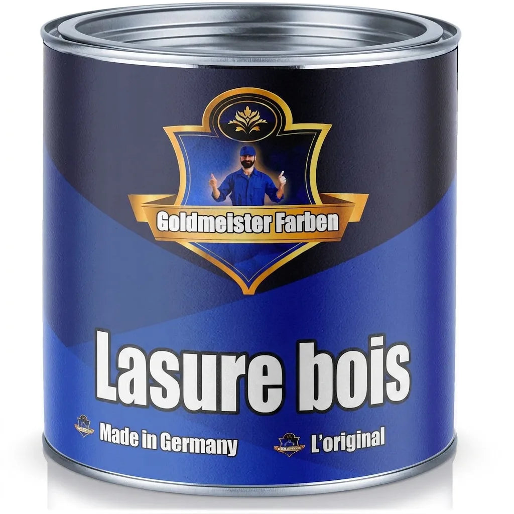 Bidon de lasure bois bleu Goldmeister Farben. Produit 'Made in Germany' avec l'inscription 'Holzlasur'.