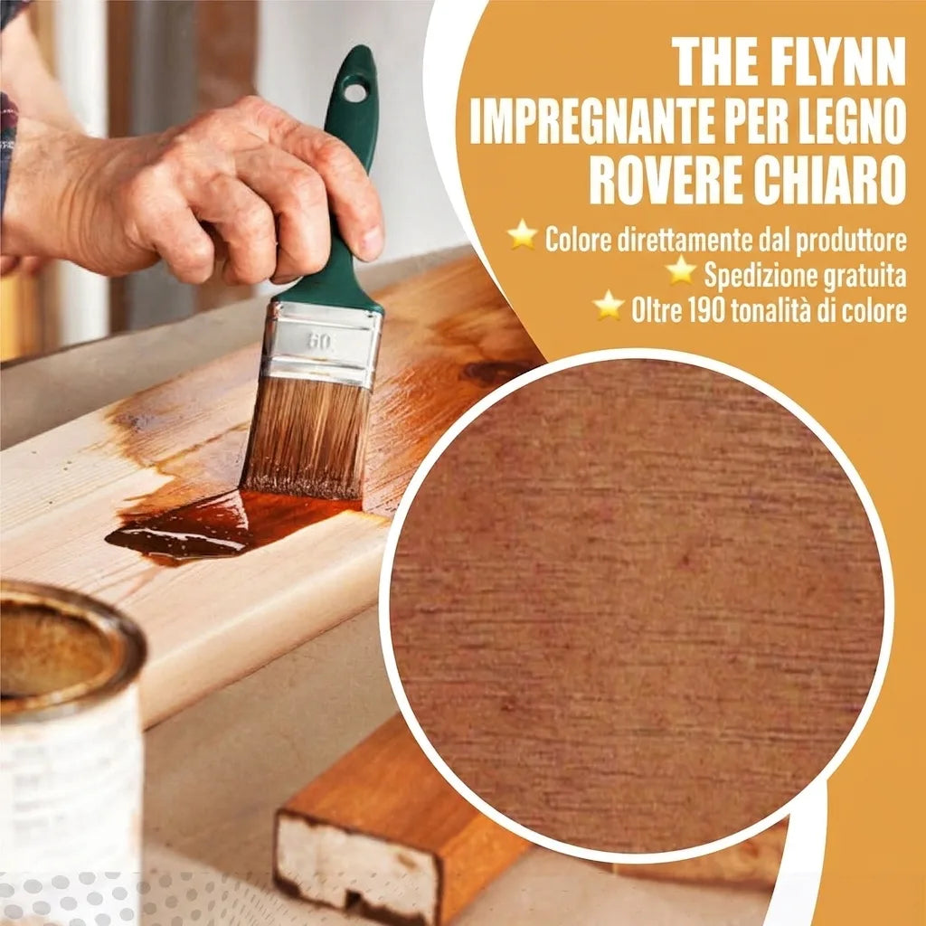 Mano che applica impregnante per legno The Flynn rovere chiaro con pennello, con campione colore.