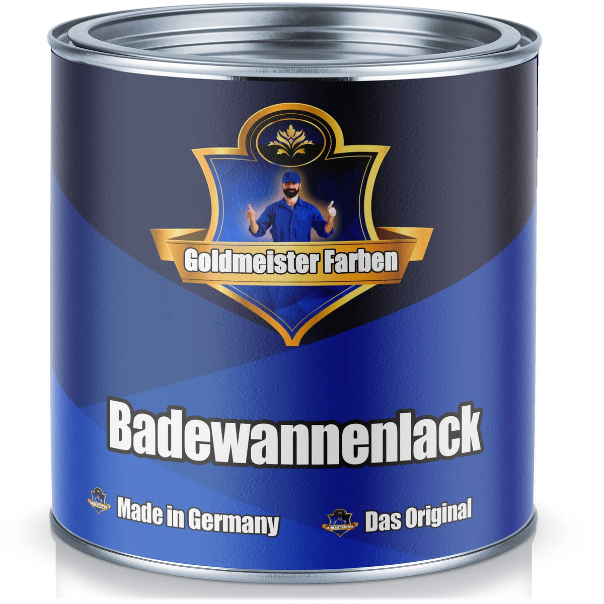 Puszka niebieskiej farby Goldmeister Farben "Badewannenlack", "Made in Germany", "Das Original"