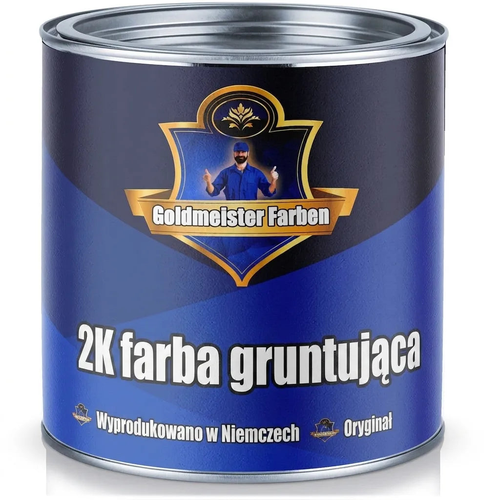 Niebieska puszka farby Goldmeister Farben 2K Grundierung, Made in Germany, Das Original, z logo pracownika.