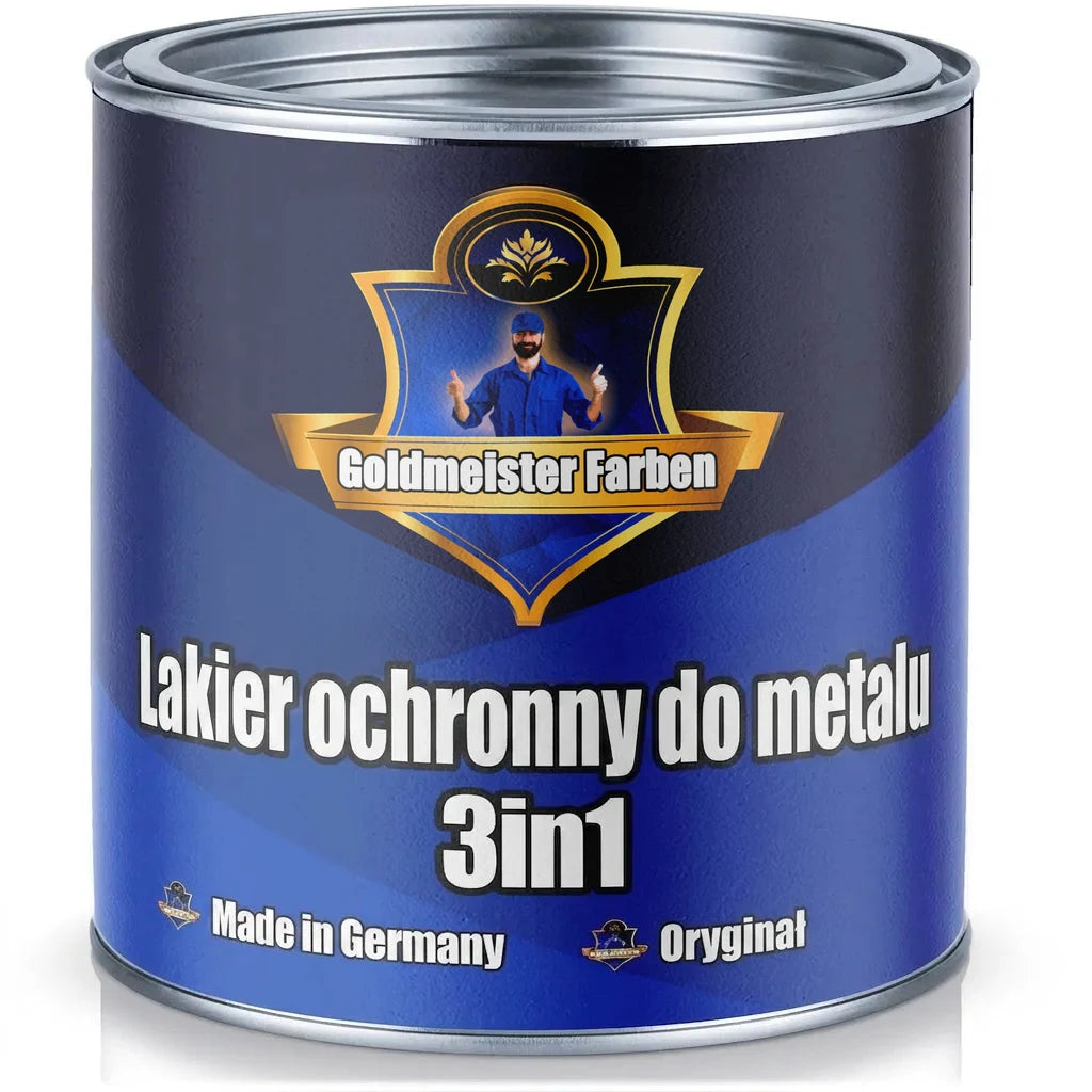 Lakier Goldmeister Farben Metallschutzlack 3w1 w niebieskiej puszce do metalu.