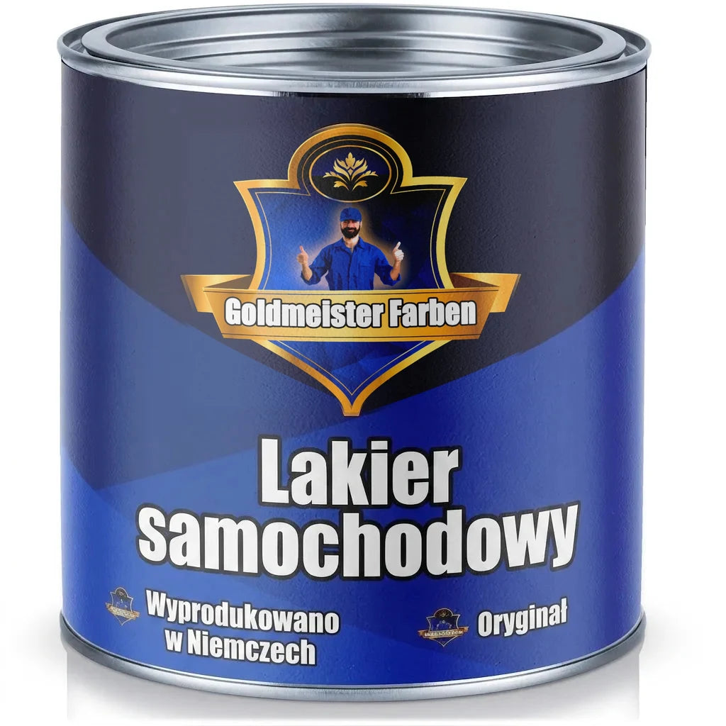 Niebieski lakier samochodowy Goldmeister Farben Autolack. Etykieta "Made in Germany Das Original".
