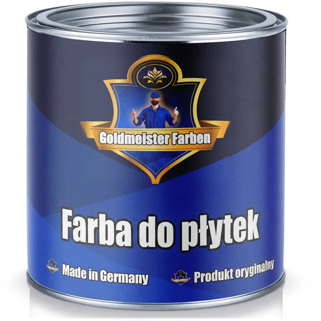 Niebieska puszka farby Goldmeister Farby Fliesenlack (lakier do płytek), z napisem Made in Germany.