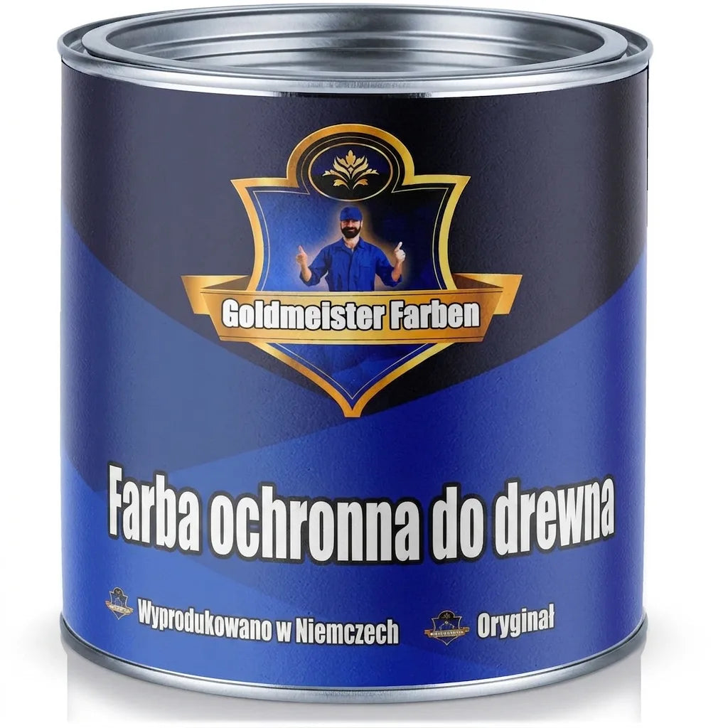 Puszka niebieskiej farby Goldmeister Farben do ochrony drewna. Wyprodukowano w Niemczech, oryginalny produkt.