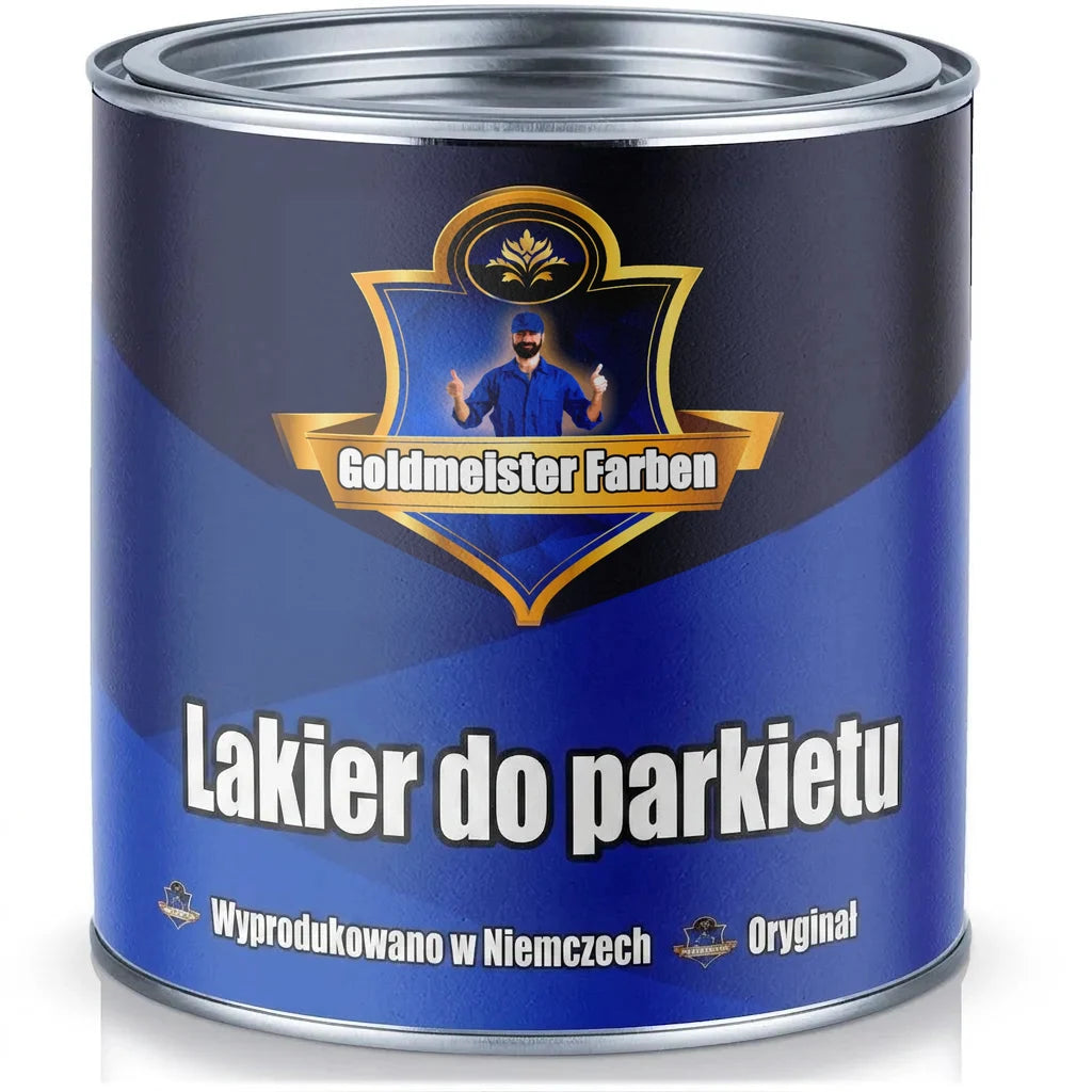Niebieska puszka Goldmeister Farben z lakierem do parkietu (Parkettlack), wyprodukowana w Niemczech. Oryginał.