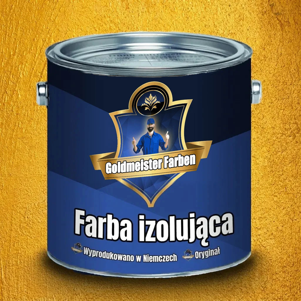 Ciemnoniebieska puszka farby izolacyjnej Goldmeister Farben z napisem 'Made in Germany' na złotym tle.