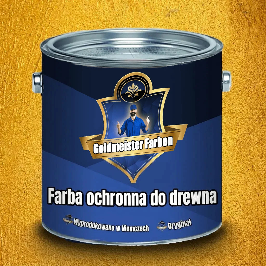 Puszka granatowej farby Goldmeister Farben do drewna, Holzschutzfarbe, z wizerunkiem mężczyzny i napisami. Złote tło.
