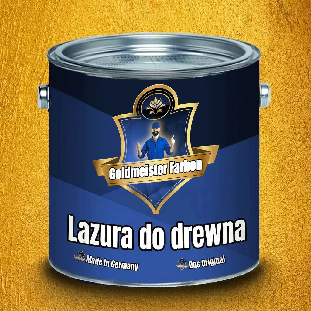 Niebieska puszka Goldmeister Farben z etykietą i napisem Holzlasur na złotym tle.