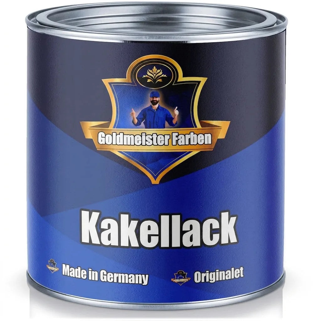 Blå färgburk Goldmeister Farben kakellack med texten 'Fliesenlack', 'Made in Germany' och 'Das Original'.